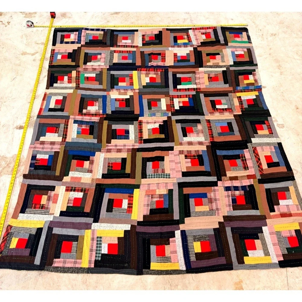 Vintage Handmade Log Cabin Patchwork Quilt 96x84 Multicolor Hand Stitched Cotton